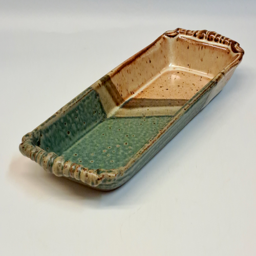 #230740 Cracker Dish  Green/Tan/Blk  $12 at Hunter Wolff Gallery